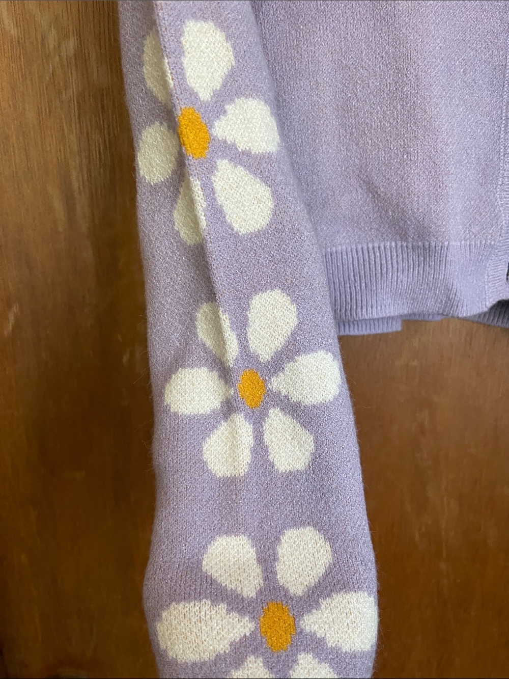 Jessica Simpson Lavender Cropped V-Neck Cardigan with Yellow Floral Sleeve - Picture 3 of 5